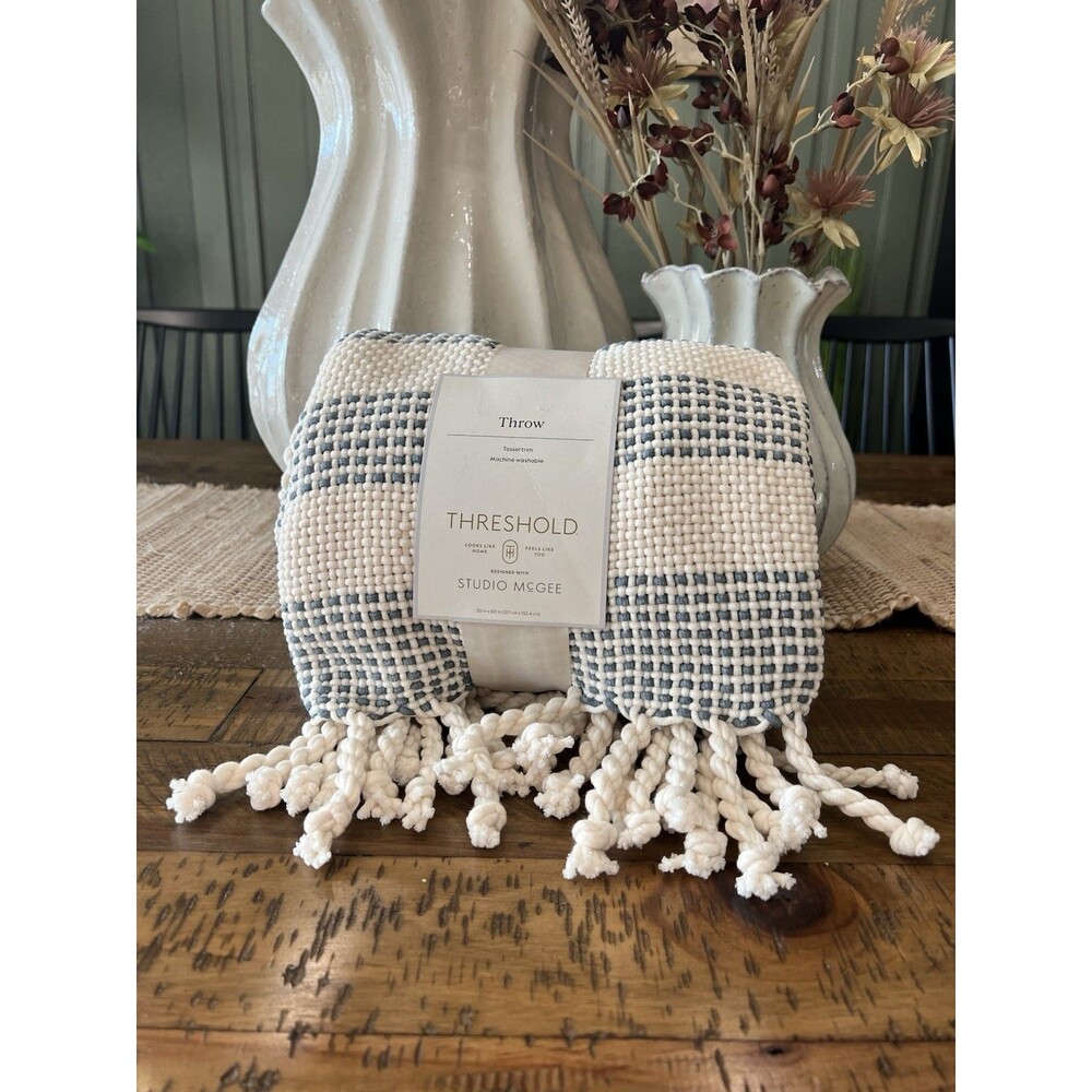 Threshold Studio McGee Decorative Throw Blanket Border Stripe Blue Cream 50"x60"
